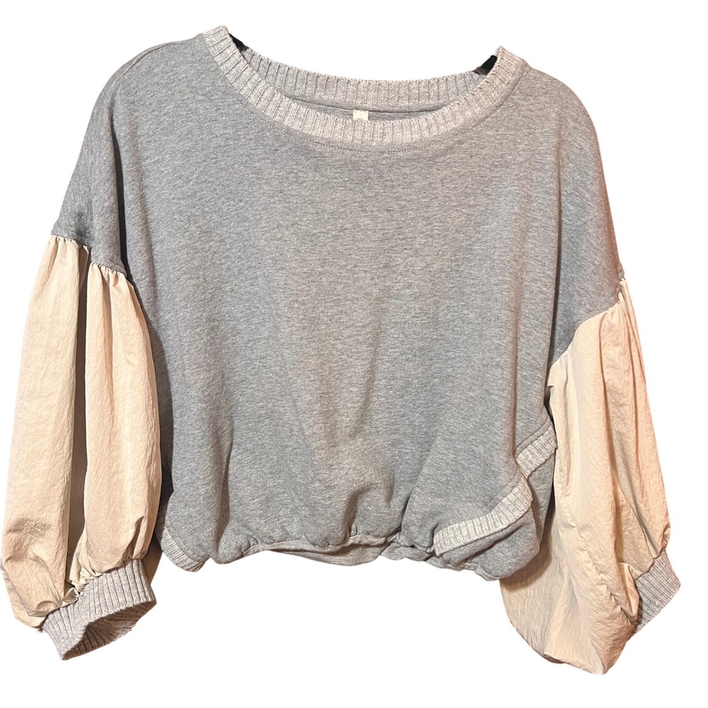 FP Movement by Free People Gray Sweatshirt with Cream Puff Sleeves - Picture 2 of 8